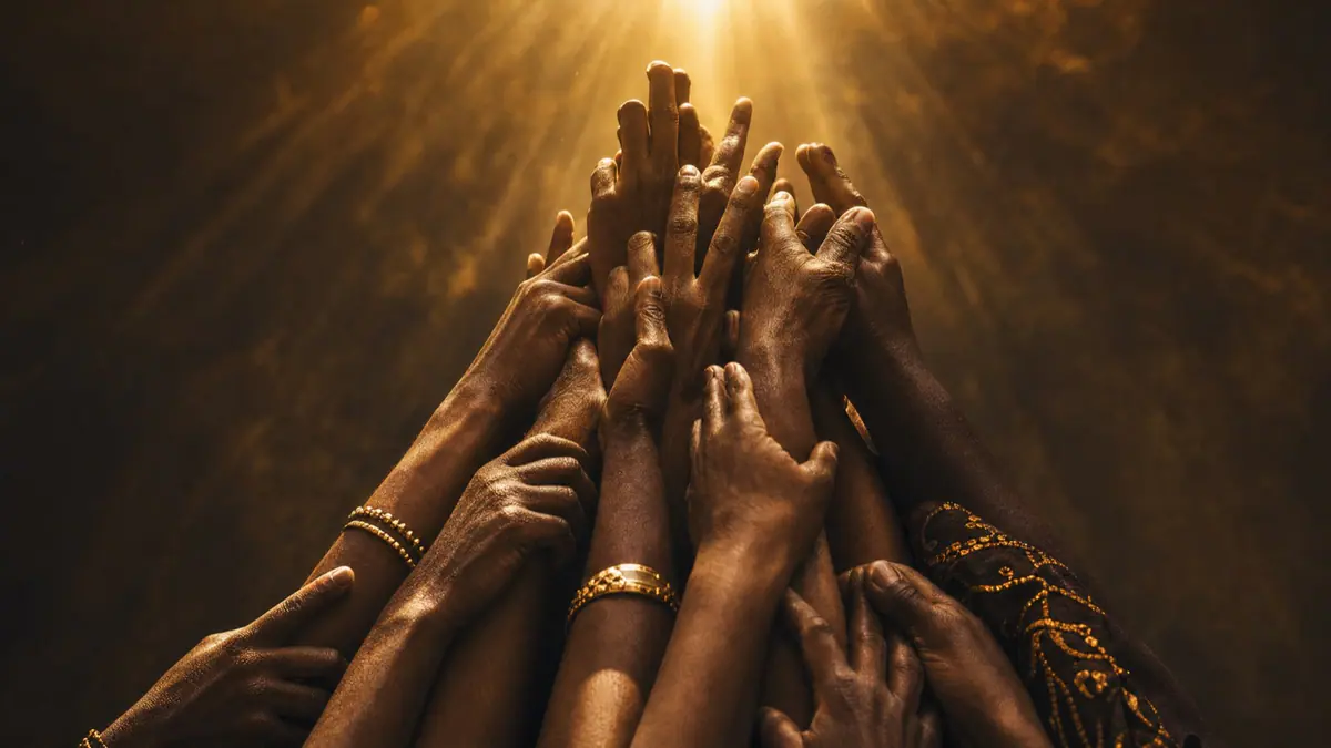 Hands reaching up together in unity